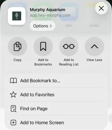 The Safari share sheet for Murphy Aquarium with Add to Home Screen.