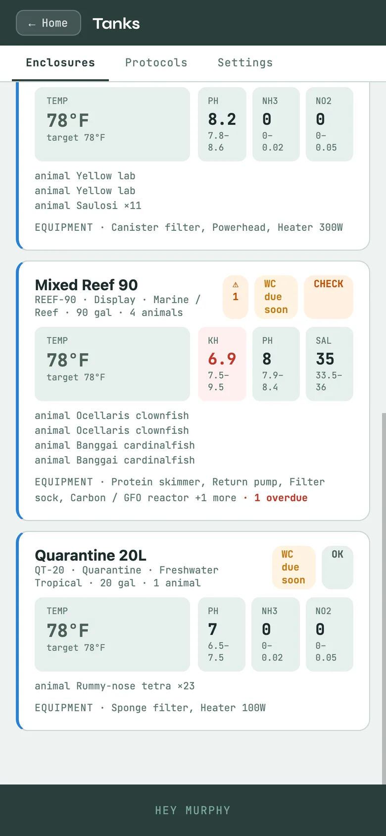 A tank card with its latest readings against targets, alkalinity flagged.