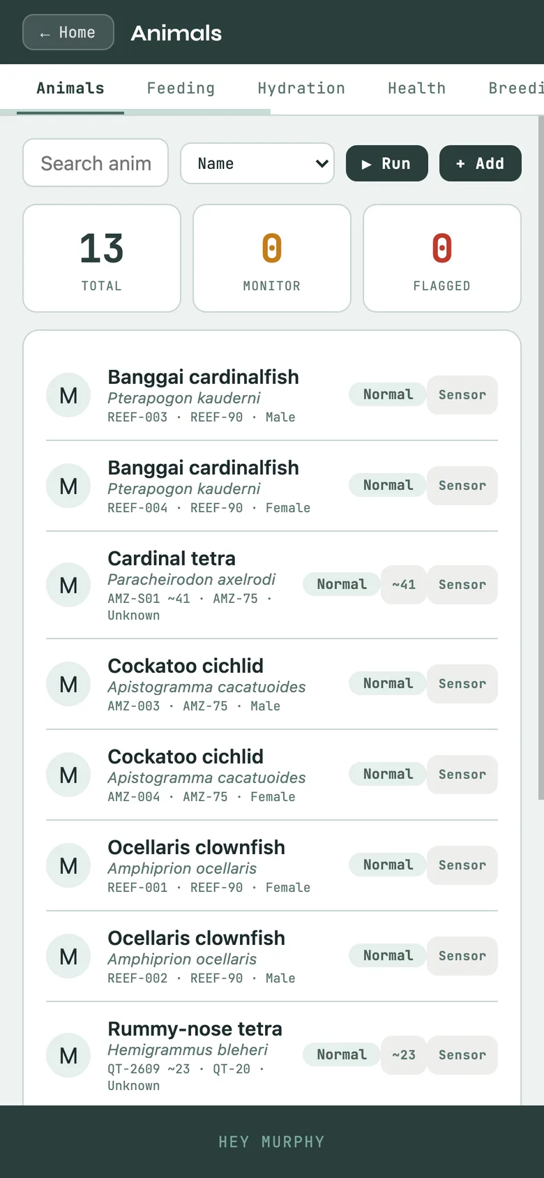 The Livestock list: a school shows its count (~ means estimated) beside individual fish.
