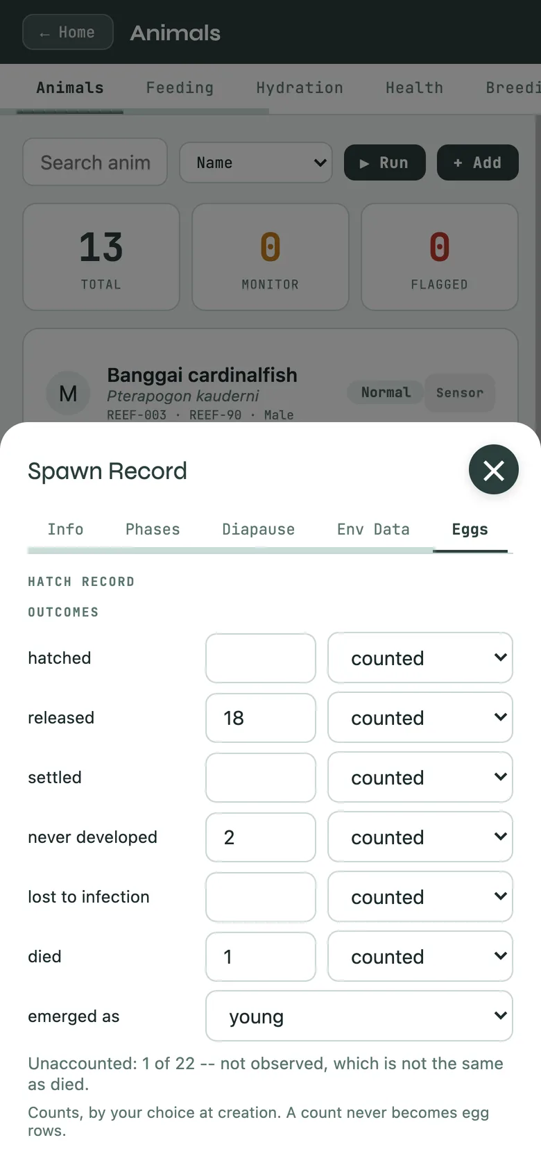 A spawn record's outcomes, and a brooding parent's card with its brooding line.