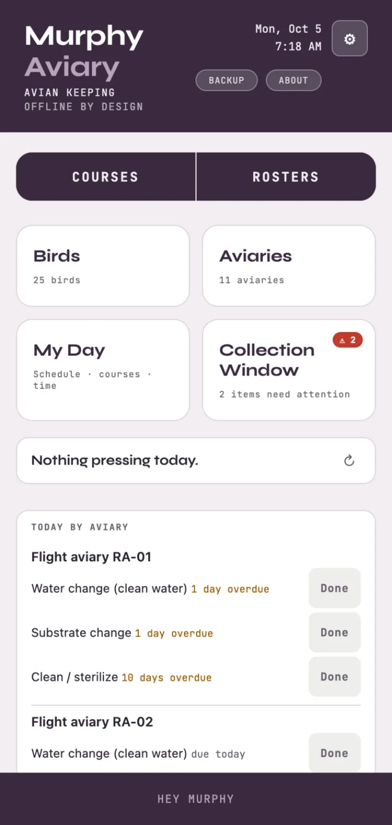 Murphy Aviary Home: Courses and Rosters, Birds, Aviaries, My Day, Collection Window and Today by aviary.