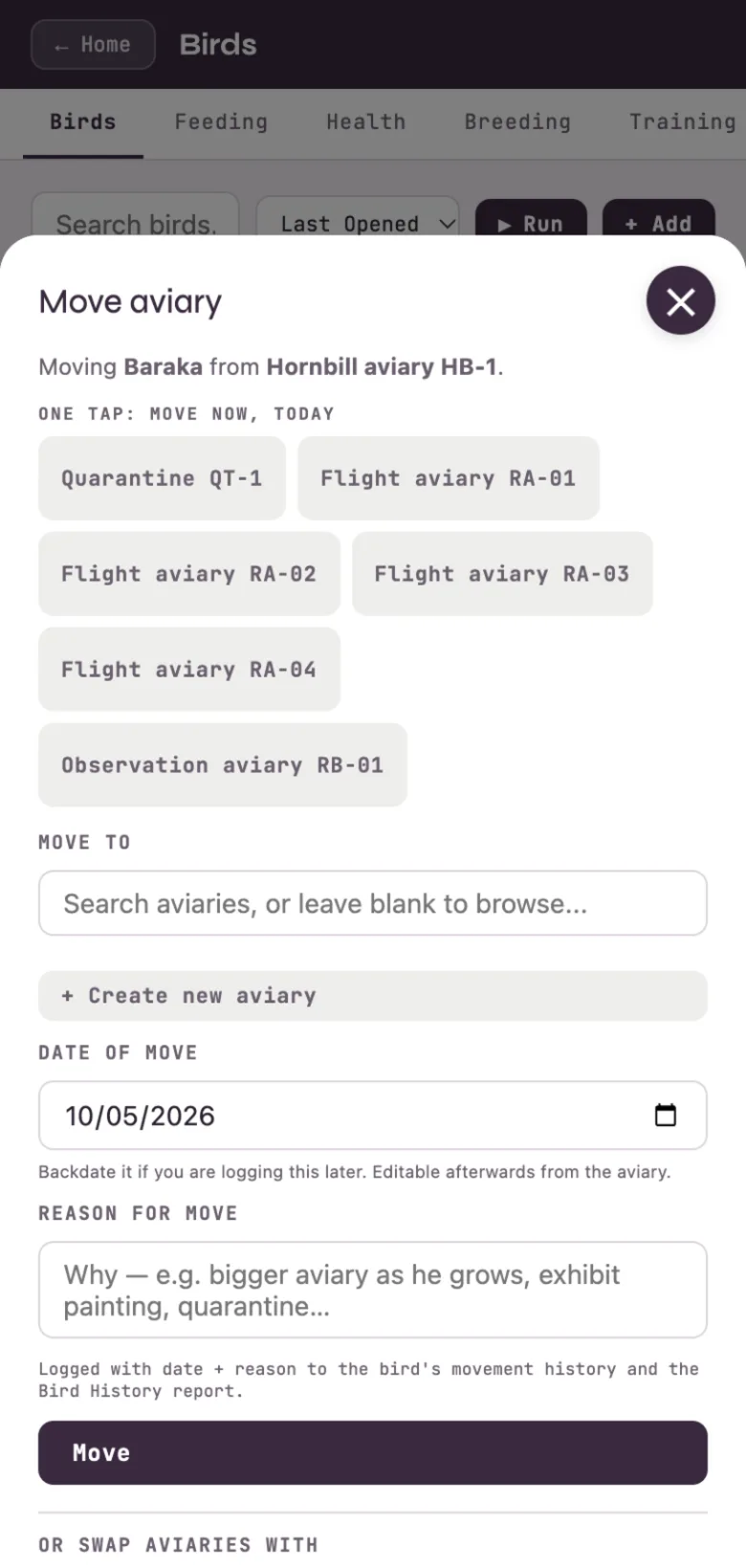 The Move aviary sheet with one-tap aviary buttons, a search box, date and reason.