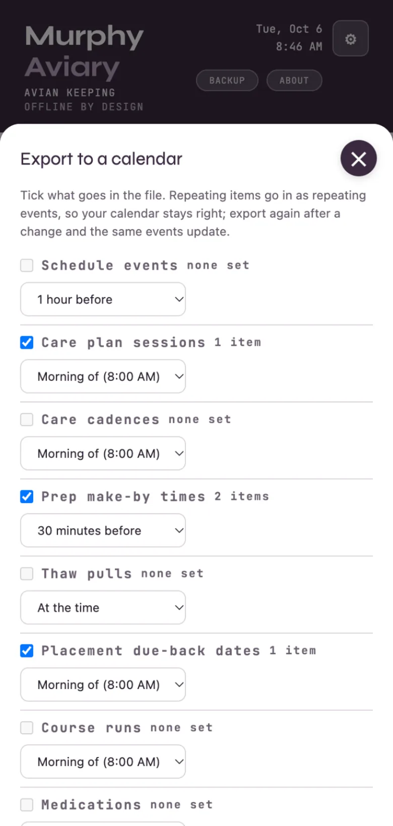 The calendar export sheet: each kind ticked or not, with its reminder preset.