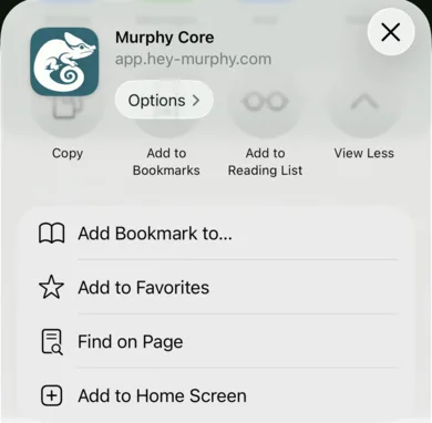 The Safari share sheet for Murphy Core with Add to Home Screen.