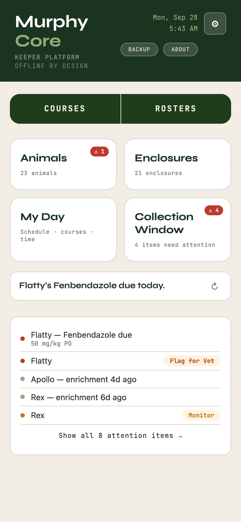 Home: the four cards, your Courses and Rosters, and what needs you today.