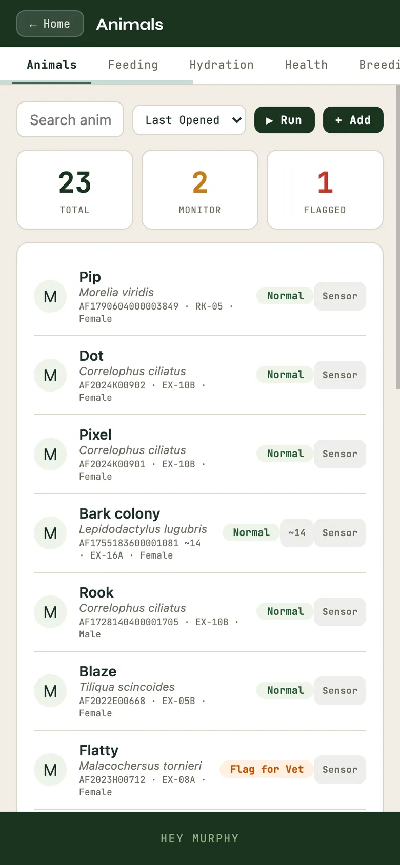 The Animals list. A group like the Bark colony shows its count (~14) in the row.