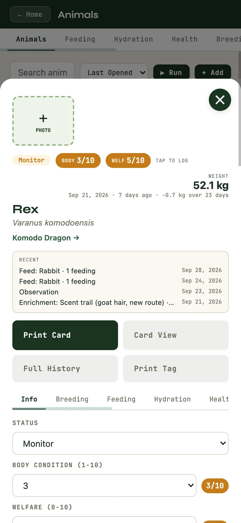 An animal record: status chips, latest weight and trend, recent entries.
