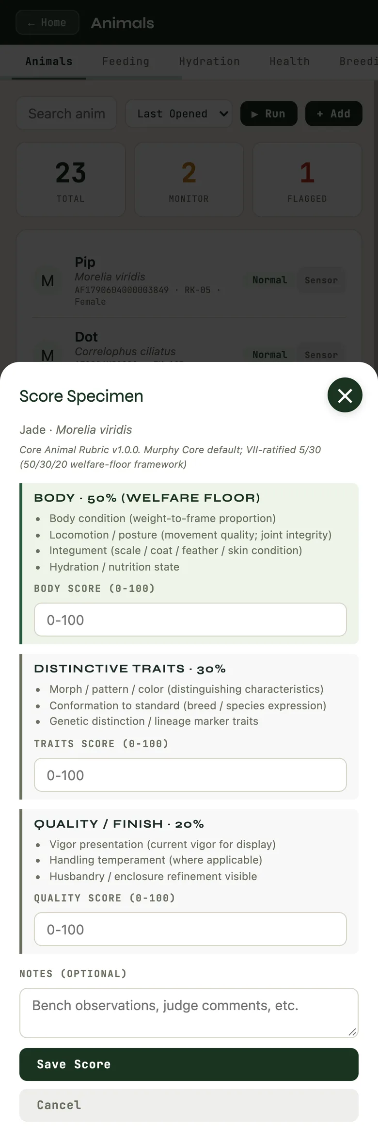 Scoring an animal: body 50% (the welfare floor), traits 30%, quality 20%. A saved score keeps its three parts.