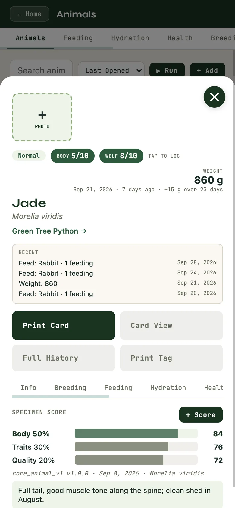 Scoring an animal: body 50% (the welfare floor), traits 30%, quality 20%. A saved score keeps its three parts.