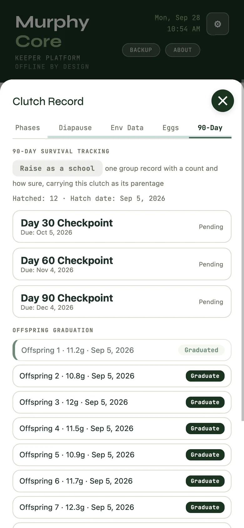 A clutch's 90-day tab: hatch count, the day 30, 60 and 90 checkpoints, and each hatchling ready to graduate.