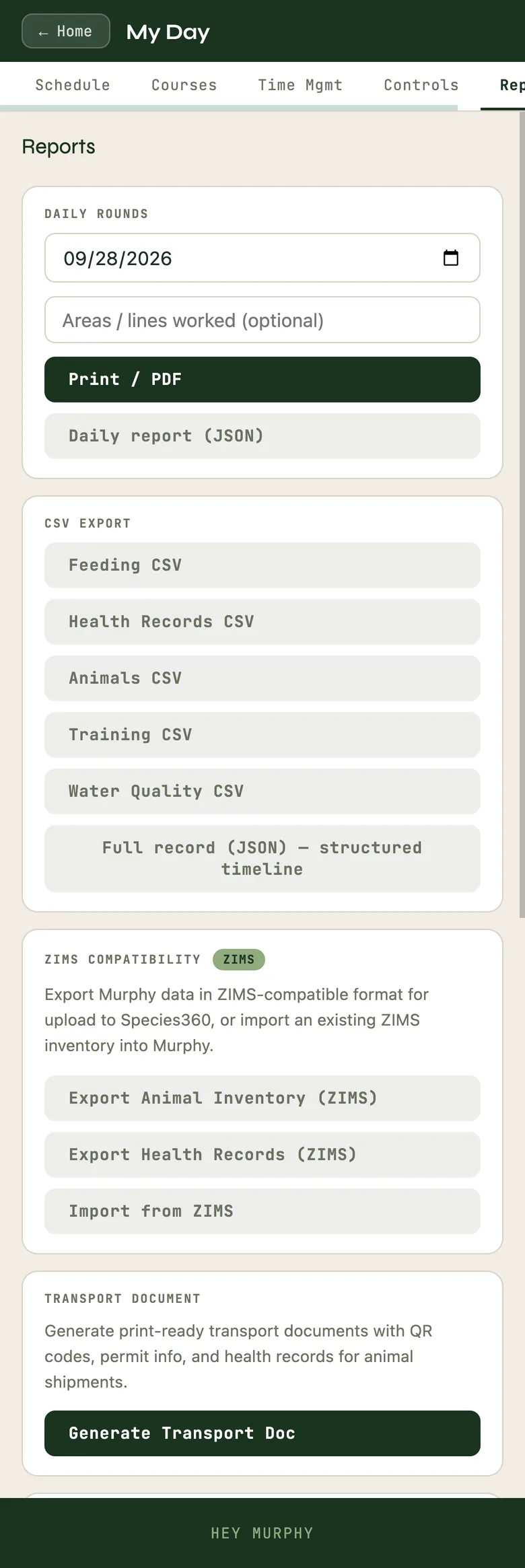 My Day, Reports, with the export buttons.