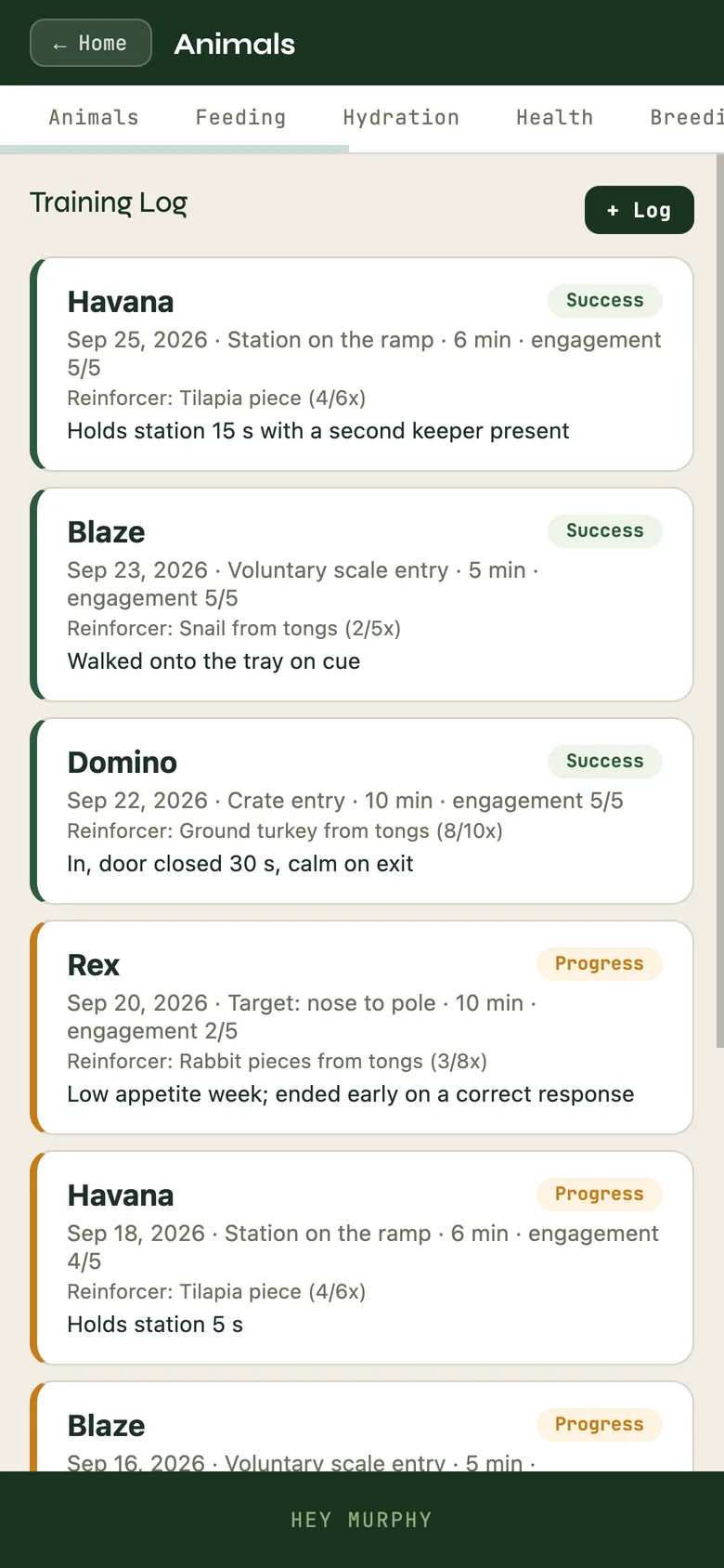 The Enrichment log and the Training log: what was offered, how the animal responded, the reinforcer and the outcome.