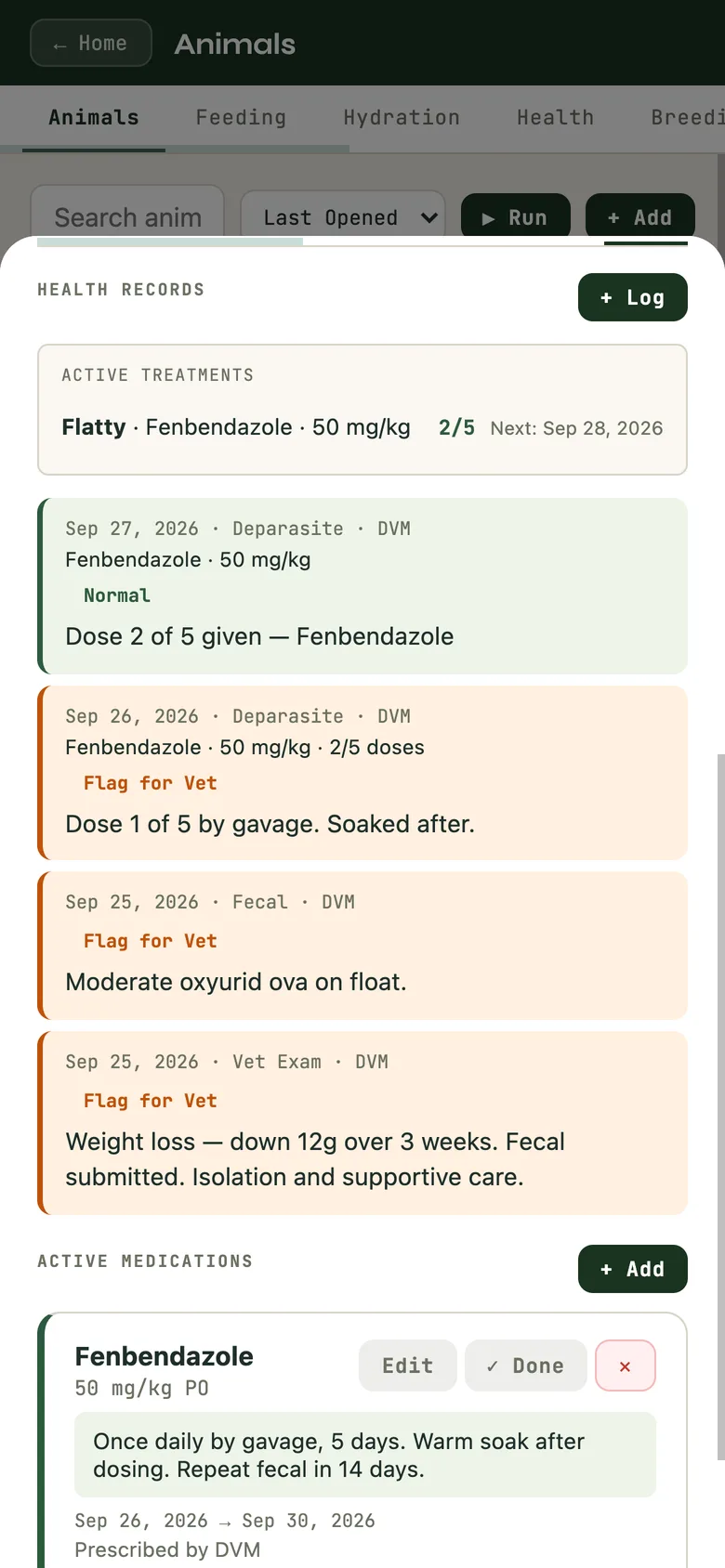 A medication course on the Health tab, doses given and the next one; the dose due today shows on Home.