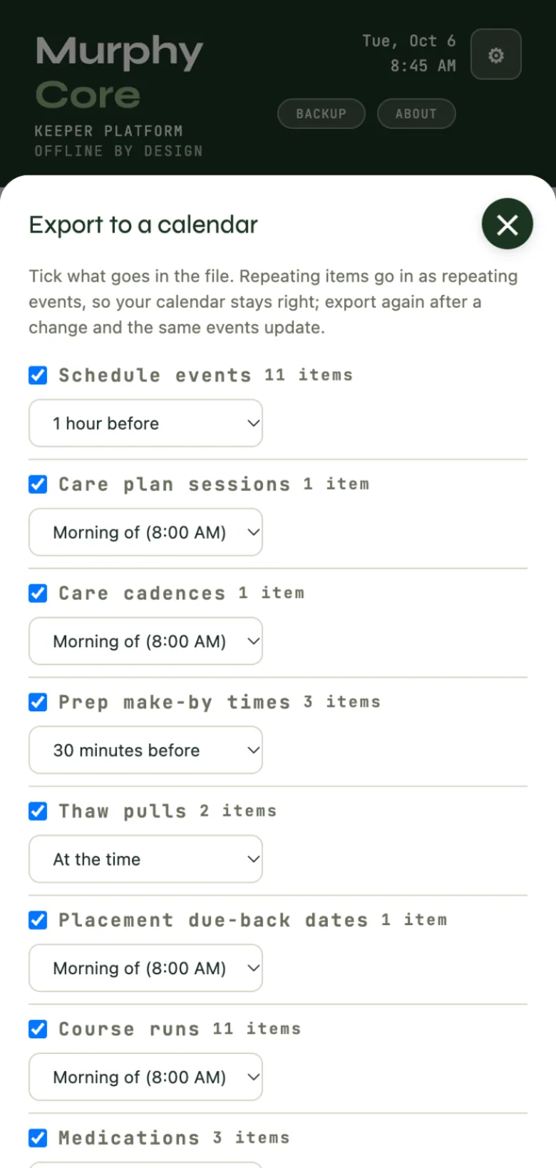 The calendar export sheet: each kind ticked or not, with its reminder preset.