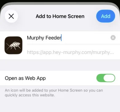 The Add to Home Screen sheet for Murphy Feeder on an iPhone.
