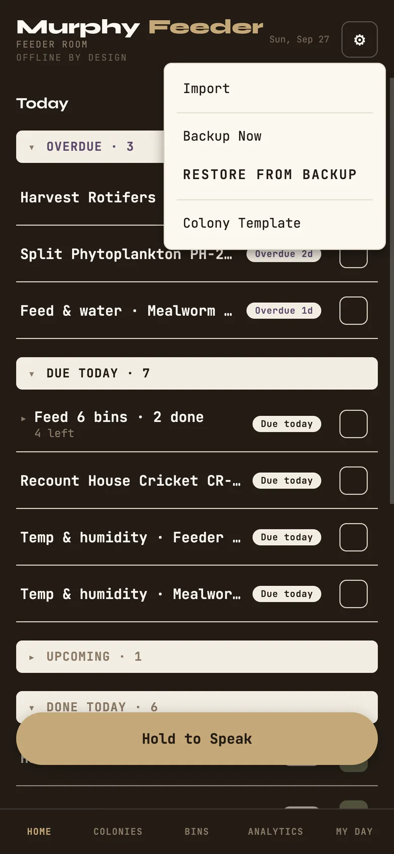 Home screen with the five-button bar visible and the gear menu open.