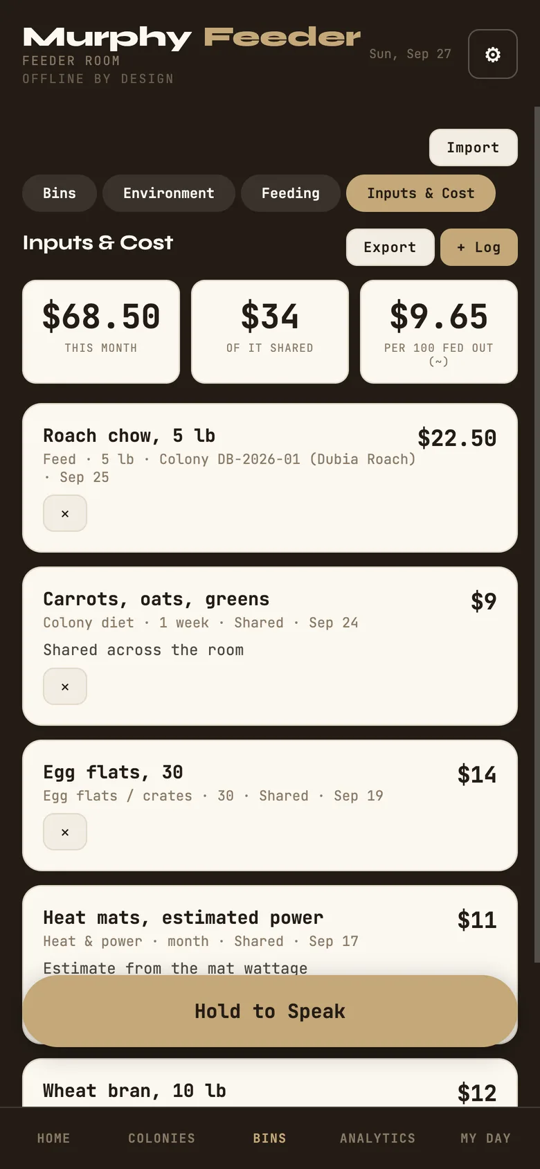 Inputs & Cost, with the cost per 100 fed out.