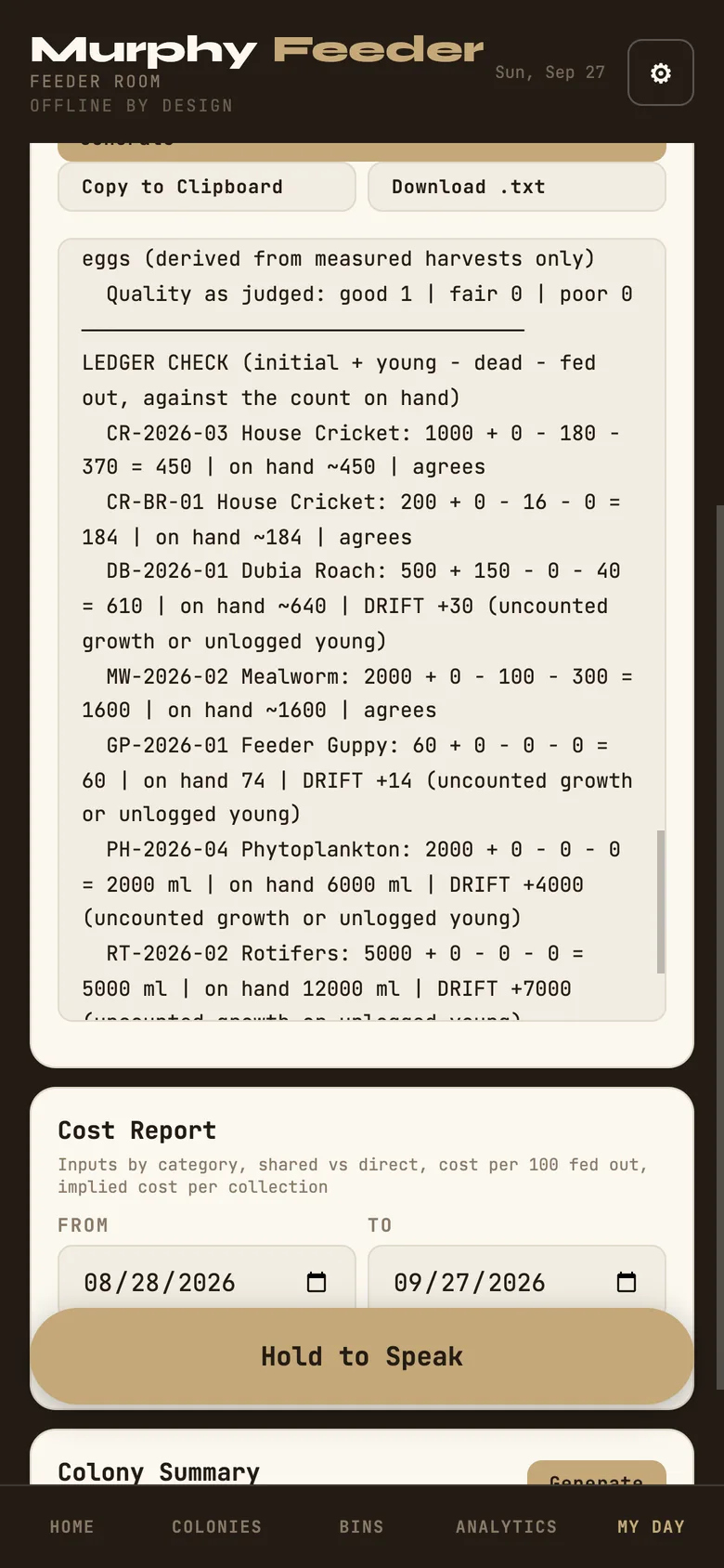 A generated Production Report, scrolled to the ledger check.