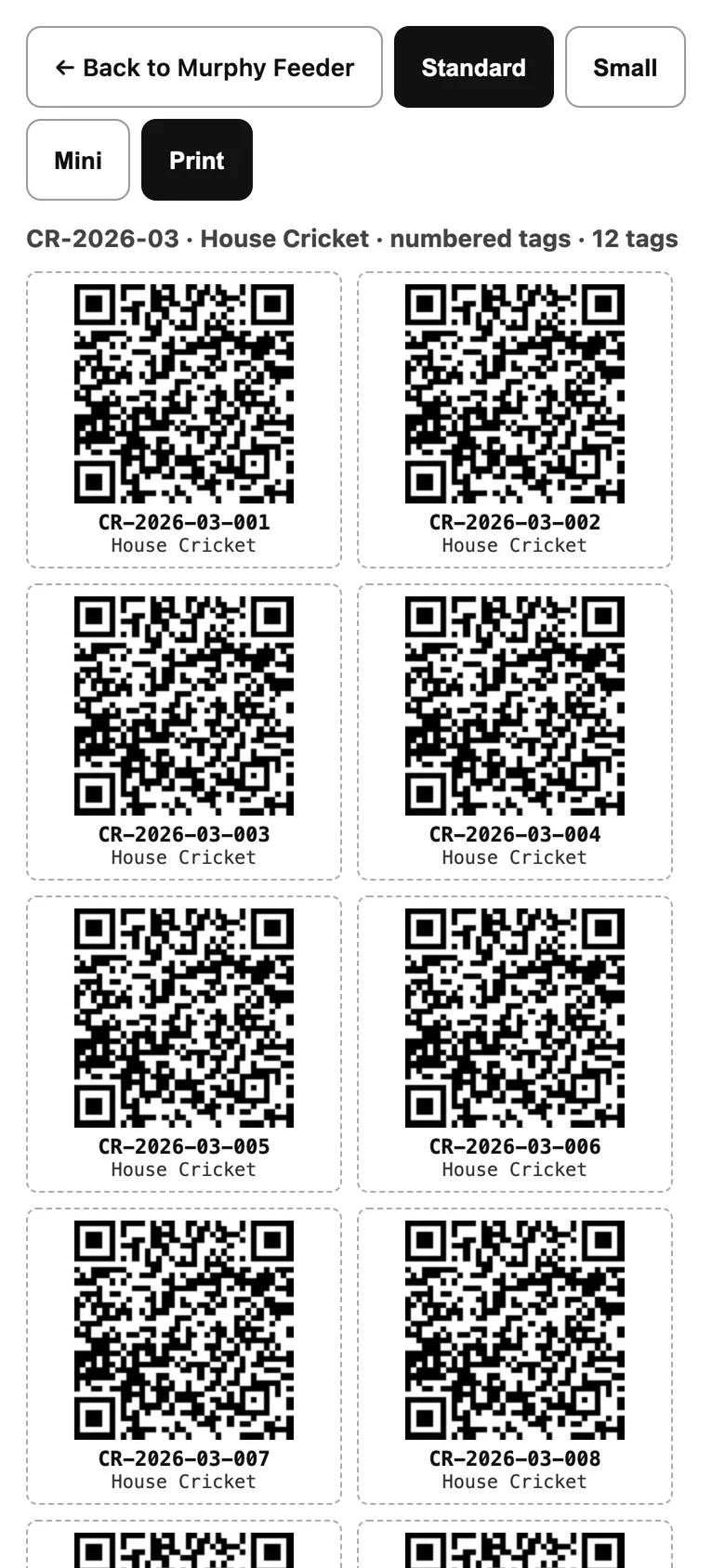 A printed tag sheet of numbered QR tags.