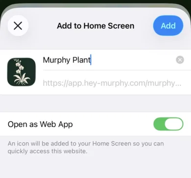 The Add to Home Screen sheet for Murphy Plant on an iPhone.