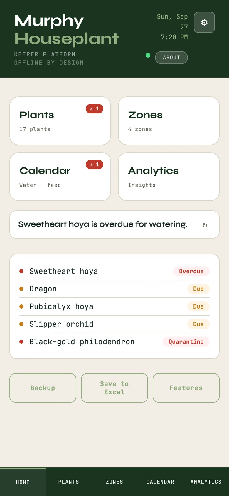Murphy Plant Home with today's due list and the five tabs.