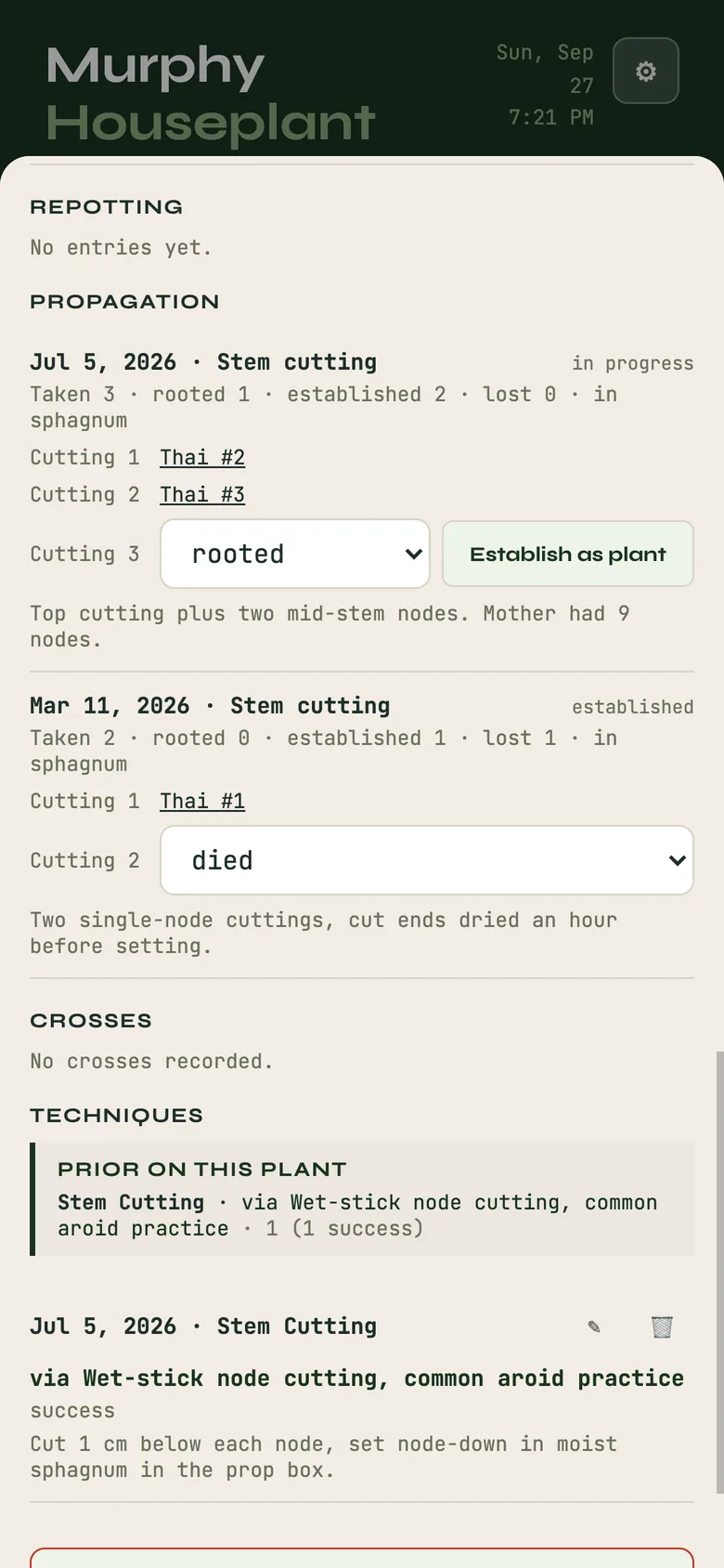 A mother plant's card listing its cuttings, and the Cross form.