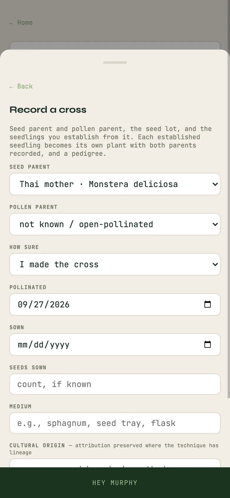 A mother plant's card listing its cuttings, and the Cross form.