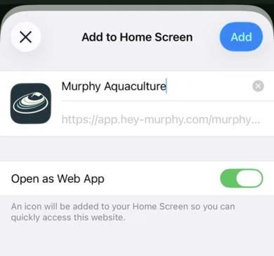 The Add to Home Screen sheet for Murphy Aquaculture on an iPhone.