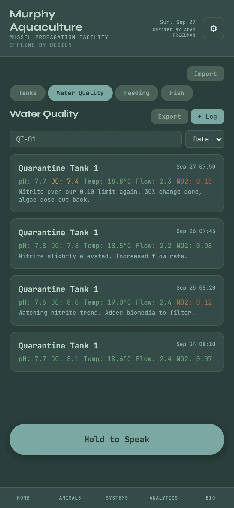 A tank card with its targets, and its water-quality log with today's nitrite flagged.