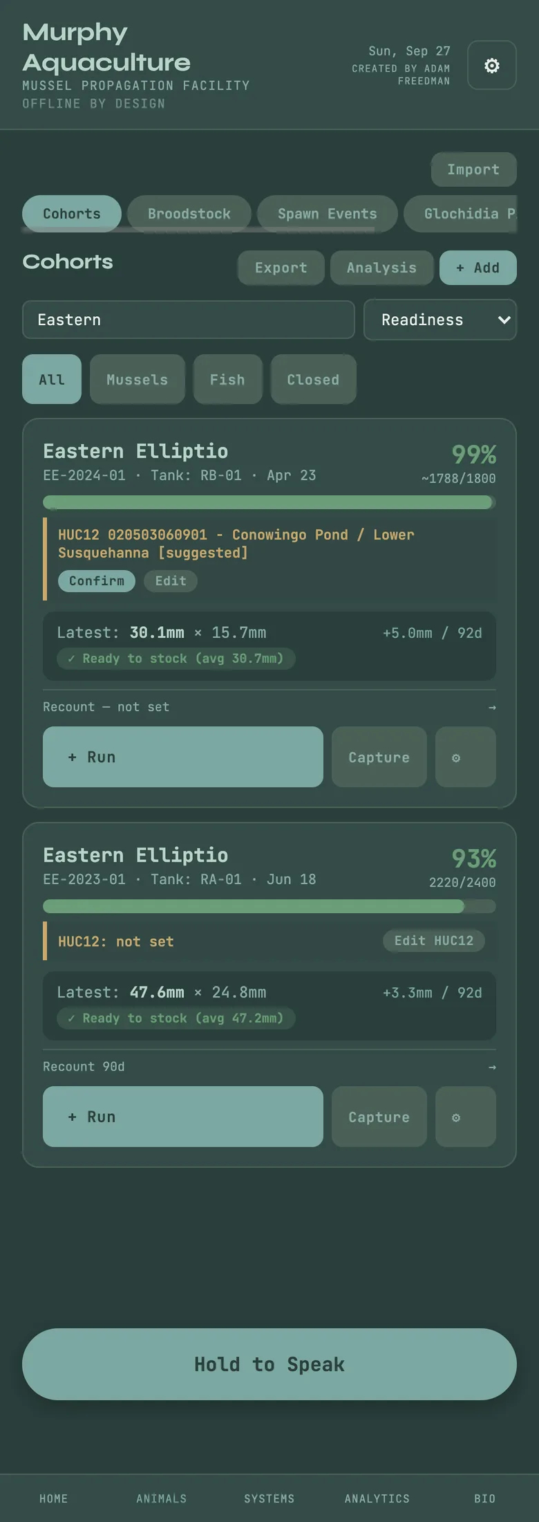 Cohort cards: survival bar, count (~ means estimated) and latest length; the tally screen.