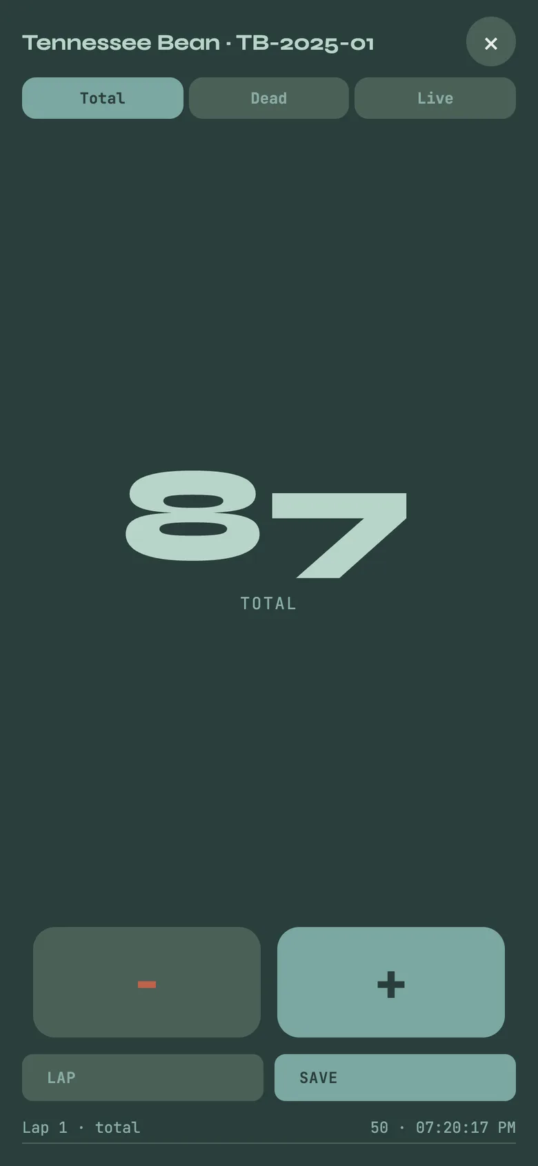 Cohort cards: survival bar, count (~ means estimated) and latest length; the tally screen.