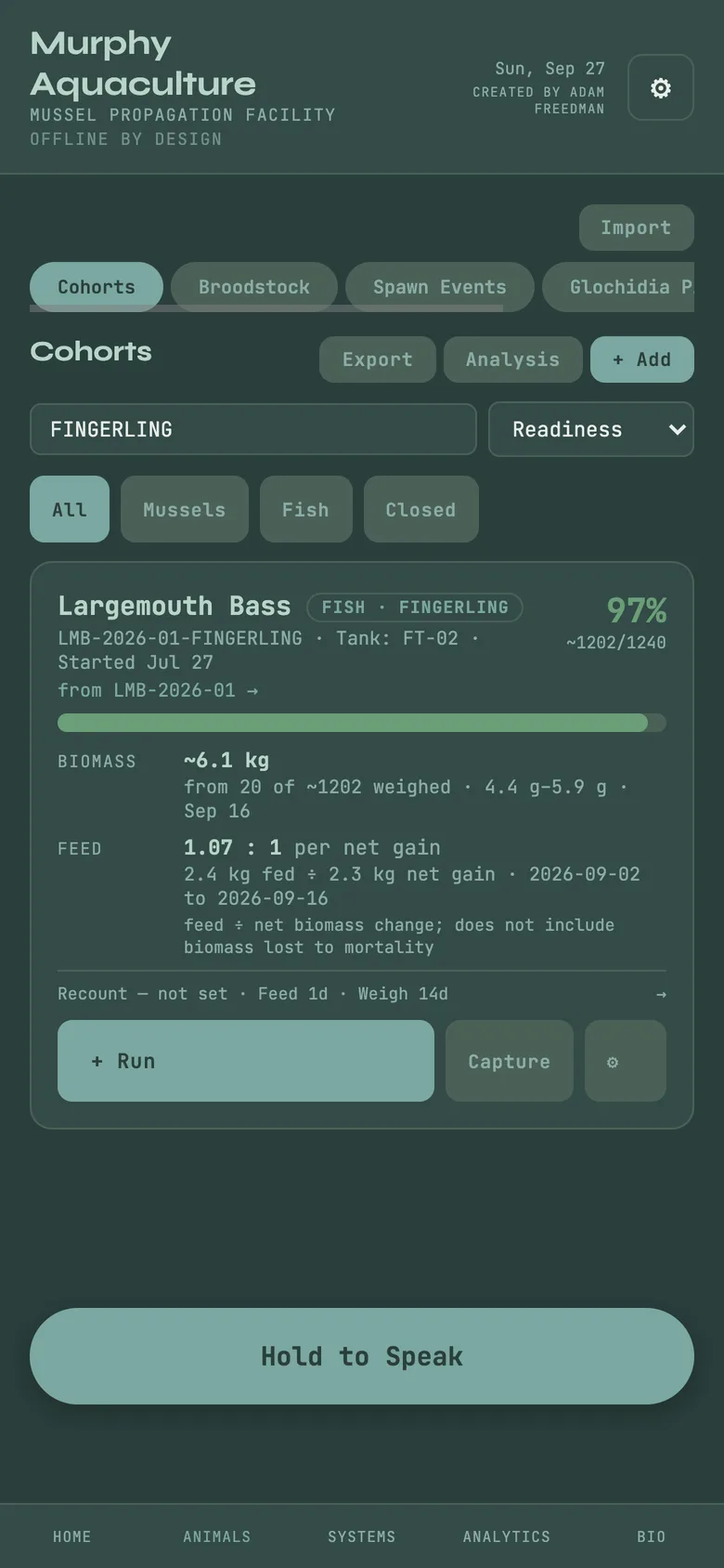 A fish cohort at a named stage with biomass from weighings; the host-fish inventory.