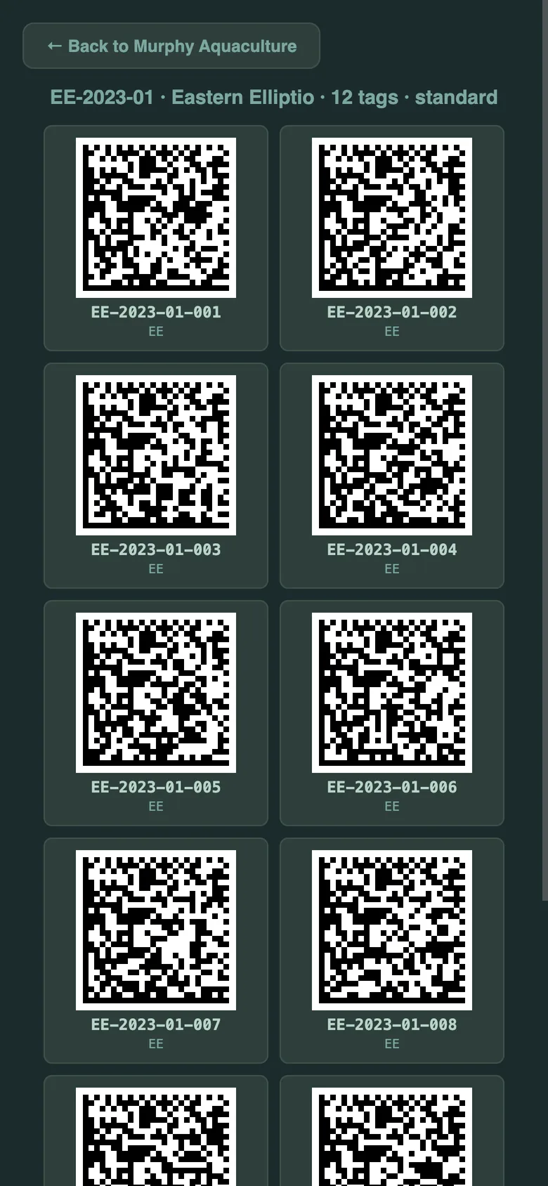 The shell tag sheet Murphy generates for a cohort, ready to print.