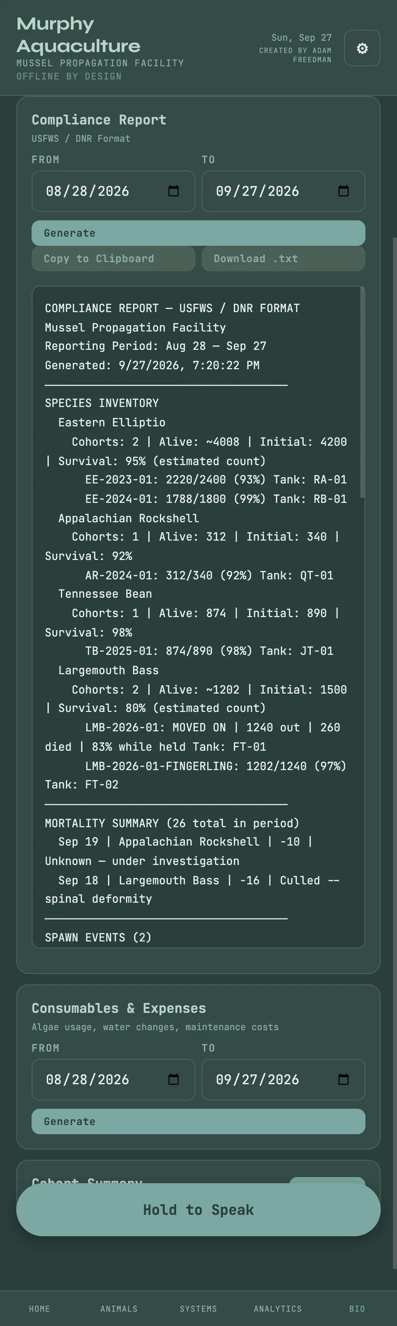 Bio, Reports, with a compliance report generated for a date range.